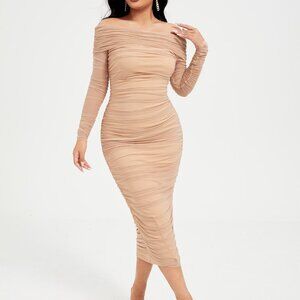 Nude Party Women's Off Shoulder Ruched Mesh Dress